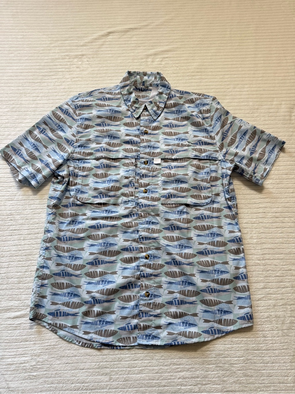 L.L. Bean Short-Sleeve Button-Down in Light Blue with Blue and Brown Leaf Motif